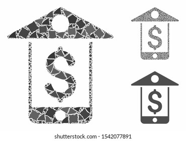 Mobile bank mosaic of rugged items in various sizes and color tinges, based on mobile bank icon. Vector bumpy pieces are organized into mosaic. Mobile bank icons collage with dotted pattern.