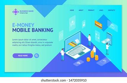 Mobile Bank Online Payment Technology Concept Landing Web Page Template 3d Isometric View Include of Laptop, Money, Card and Phone. Vector illustration