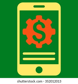 Mobile Bank Options vector icon. Style is bicolor flat symbol, orange and yellow colors, rounded angles, green background.