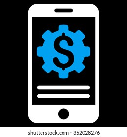 Mobile Bank Options vector icon. Style is bicolor flat symbol, blue and white colors, rounded angles, black background.