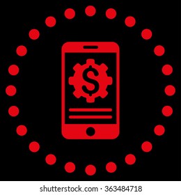 Mobile Bank Options vector icon. Style is flat circled symbol, red color, rounded angles, black background.