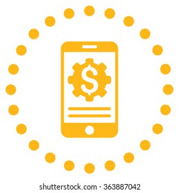 Mobile Bank Options vector icon. Style is flat circled symbol, yellow color, rounded angles, white background.