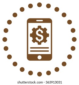Mobile Bank Options vector icon. Style is flat circled symbol, brown color, rounded angles, white background.