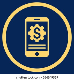 Mobile Bank Options vector icon. Style is flat circled symbol, yellow color, rounded angles, blue background.