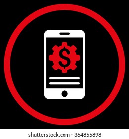 Mobile Bank Options vector icon. Style is bicolor flat circled symbol, red and white colors, rounded angles, black background.