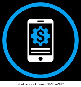 Mobile Bank Options vector icon. Style is bicolor flat circled symbol, blue and white colors, rounded angles, black background.