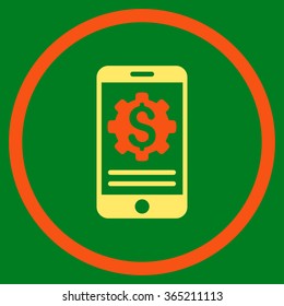 Mobile Bank Options vector icon. Style is bicolor flat circled symbol, orange and yellow colors, rounded angles, green background.
