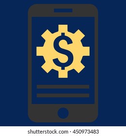 Mobile Bank Options vector icon. Style is flat symbol, yellow color, blue background.