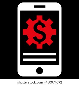 Mobile Bank Options vector icon. Style is bicolor flat symbol, red and white colors, black background.