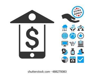 Mobile Bank pictograph with bonus design elements. Vector illustration style is flat iconic bicolor symbols, blue and gray colors, white background.