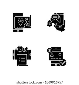 Mobile Bank Service App Black Glyph Icons Set On White Space. ATMs Map. Email Alert. Paperless Statements. Check Balances. Silhouette Symbols. Vector Isolated Illustration