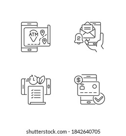 Iconos lineales de la aplicación de servicio bancario móvil. Mapa de cajeros automáticos. Alerta de correo electrónico. Declaraciones sin papel. Compruebe los saldos. Símbolos de contorno de línea delgada personalizables. Ilustraciones aisladas del contorno vectorial. Trazo editable