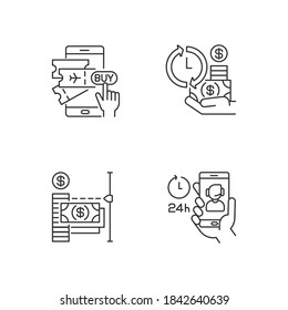 Mobile Bank Service App Using Linear Icons Set. Buying Tickets. Apply For Loans. Transaction Limit. Customizable Thin Line Contour Symbols. Isolated Vector Outline Illustrations. Editable Stroke