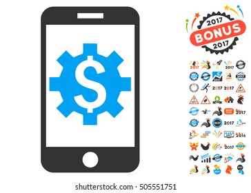 Mobile Bank Setup icon with bonus 2017 new year pictograph collection. Vector illustration style is flat iconic symbols,modern colors.