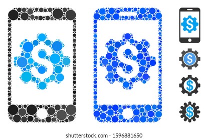 Mobile bank setup mosaic of circle elements in various sizes and color tinges, based on mobile bank setup icon. Vector circle elements are composed into blue collage.