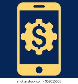 Mobile Bank Setup vector icon. Style is flat symbol, yellow color, rounded angles, blue background.
