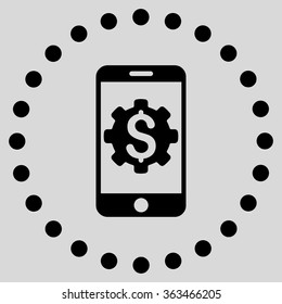 Mobile Bank Setup vector icon. Style is flat circled symbol, black color, rounded angles, light gray background.
