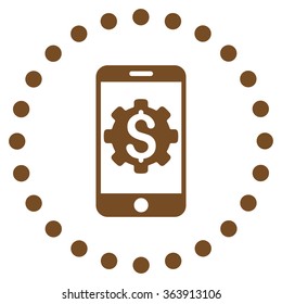 Mobile Bank Setup vector icon. Style is flat circled symbol, brown color, rounded angles, white background.