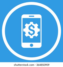 Mobile Bank Setup vector icon. Style is flat circled symbol, white color, rounded angles, blue background.