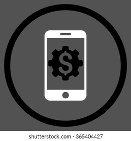 Mobile Bank Setup vector icon. Style is bicolor flat circled symbol, black and white colors, rounded angles, gray background.