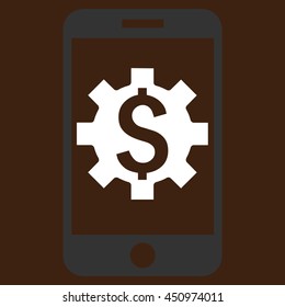 Mobile Bank Setup vector icon. Style is flat symbol, white color, brown background.