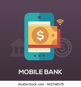Mobile Bank single isolated modern vector flat design icon with a device and a dollar bill inside the display