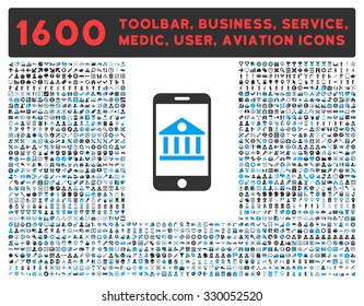 Mobile Bank vector icon and 1600 other business, service tools, medical care, software toolbar, web interface pictograms. Style is bicolor flat symbols, blue and gray colors, rounded angles, white