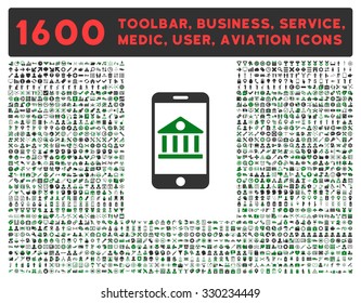 Mobile Bank vector icon and 1600 other business, service tools, medical care, software toolbar, web interface pictograms. Style is bicolor flat symbols, green and gray colors, rounded angles, white