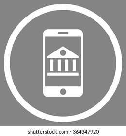Mobile Bank vector icon. Style is flat circled symbol, white color, rounded angles, gray background.