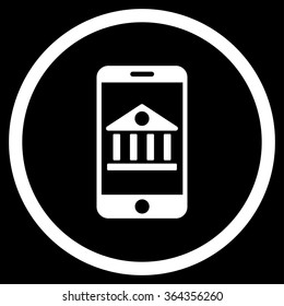 Mobile Bank vector icon. Style is flat circled symbol, white color, rounded angles, black background.