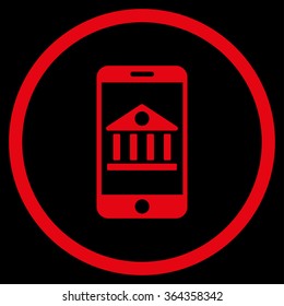 Mobile Bank vector icon. Style is flat circled symbol, red color, rounded angles, black background.