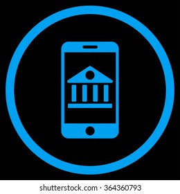 Mobile Bank vector icon. Style is flat circled symbol, blue color, rounded angles, black background.