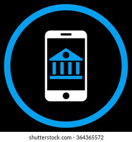 Mobile Bank vector icon. Style is bicolor flat circled symbol, blue and white colors, rounded angles, black background.