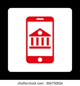 Mobile Bank vector icon. This flat rounded square button uses red and white colors and isolated on a black background.