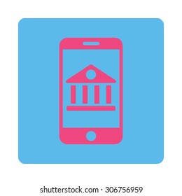 Mobile Bank vector icon. This flat rounded square button uses pink and blue colors and isolated on a white background.