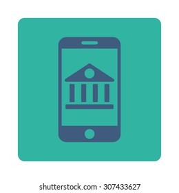 Mobile Bank vector icon. This flat rounded square button uses cobalt and cyan colors and isolated on a white background.