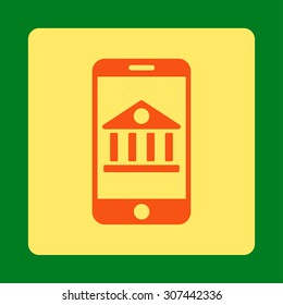 Mobile Bank vector icon. This flat rounded square button uses orange and yellow colors and isolated on a green background.