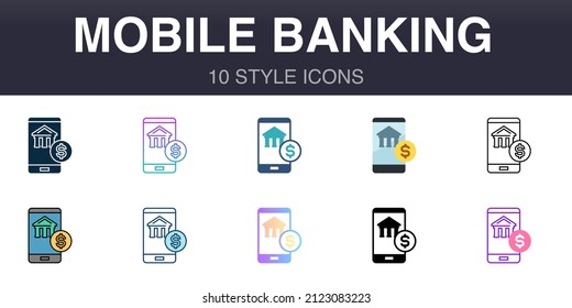 Mobile banking 10 style universal icons, line, outline, simple, flat, filled, two coloured, gradient elements