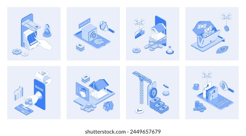 Mobile banking 3d isometric concept set with isometric icons design for web. Collection of cash withdrawal at atm, fingerprint access in bank app, financial account management. Vector illustration