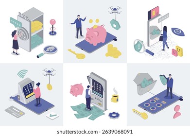 Mobile banking 3d isometry concept for web design. Collection set with isometric people saving money in bank safe, doing financial management in app, cash out in atm, online pays. Vector illustration.