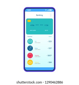 Mobile banking account interface template. Online payment. Smartphone app page design layout. Credit card transaction. E-payment screen. Flat UI for application. Phone display payment options