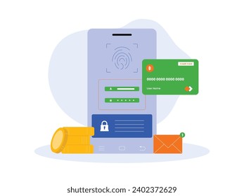 Mobile banking account verification notification with fingerprint, secure payment vector illustration.