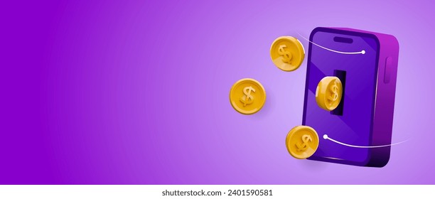 Mobile Banking-App. 3d bezahlen Geld mit Handy. Münze mit Telefon. Realistische Vektorgrafik