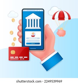 Banner de aplicación de banca móvil. Hand mantiene el smartphone con la creación de banco y los iconos de la ventana de inicio de sesión en pantalla. Ilustraciones de vectores web en estilo 3D
