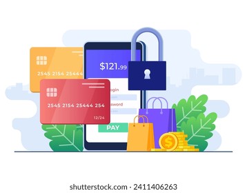 Mobile banking app concept flat illustration, Shopping online with e-wallet, Credit or debit card payment, Secure digital banking, E-wallet, Mobile money transfer, E-commerce, Cashless payment