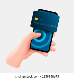 Mobile banking app and e-payment. Hand with smartphone and pay by credit card via electronic wallet wirelessly on phone. Online banking. Shopping by phone and connected card. Vector illustration
