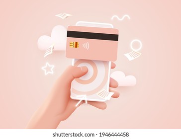 Mobile banking app and e-payment. Hand with smartphone and pay by credit card via electronic wallet wirelessly on phone. Online banking. Shopping by phone and connected card. Vector illustration