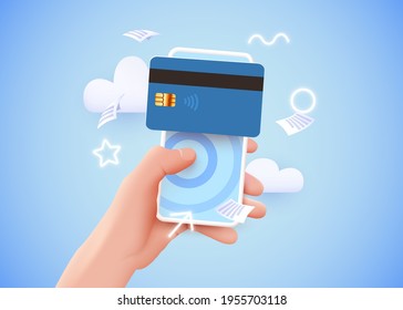 Mobile banking app and e-payment. Hand with smartphone and pay by credit card via electronic wallet wirelessly on phone. Online banking. Shopping by phone and connected card. Vector illustration