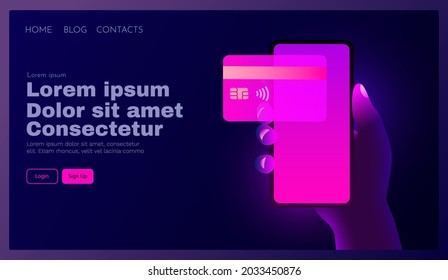 Mobile banking app and e-payment. Hand with smartphone and pay by credit card via electronic wallet wirelessly on phone. Online banking. Shopping by phone and connected card. Vector illustration