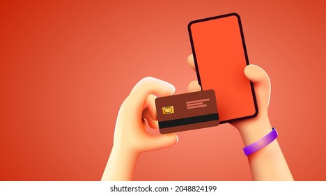 Mobile Banking App And E-payment. Hand With Smartphone Pay By Credit Card Via Electronic Wallet Wirelessly On Phone. Online Banking. Shopping By Phone And Connected Card. Vector Illustration